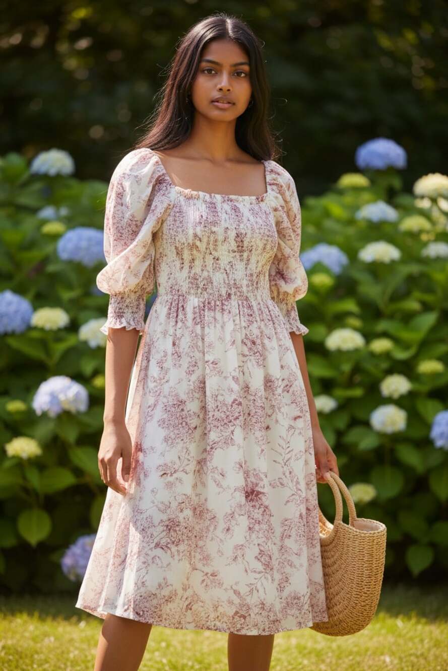 Boho, Cottagecore, Romantic, Red Floral Toile Smocked Puff Sleeve Midi Dress